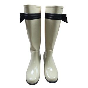 Kate Spade New York Cream Rain Boots‎ Bow Accent Size 7 Rubber Wellie Knee Chic